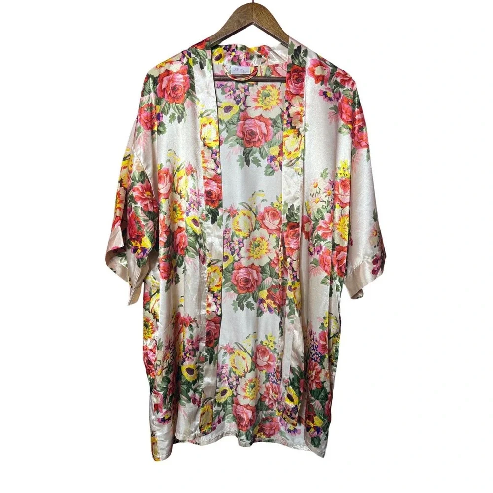Ms. Lovely Women Size XS/S Floral Short Sleeve Open Front Beige Kimono Robe